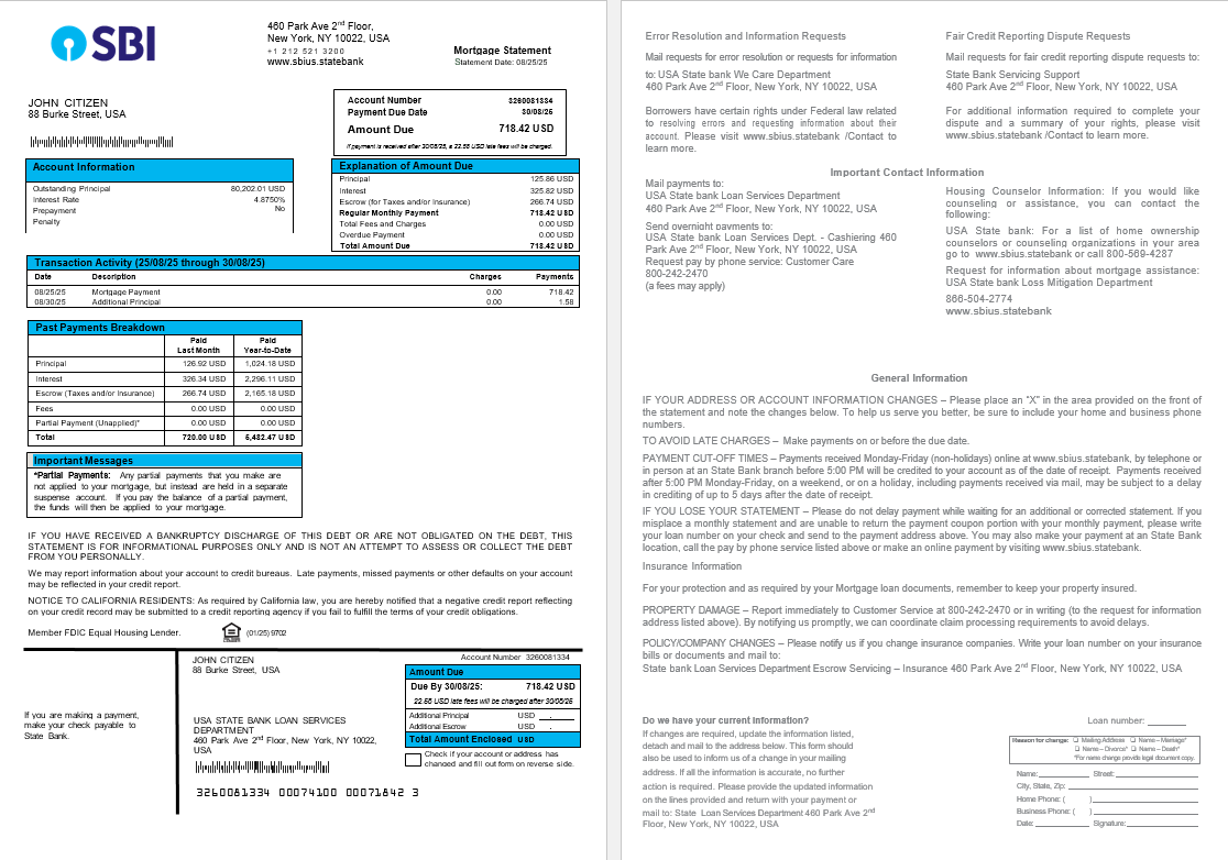 Download USA State Bank of Indian  bank mortgage statement in Word and PDF formats Photoshop template
